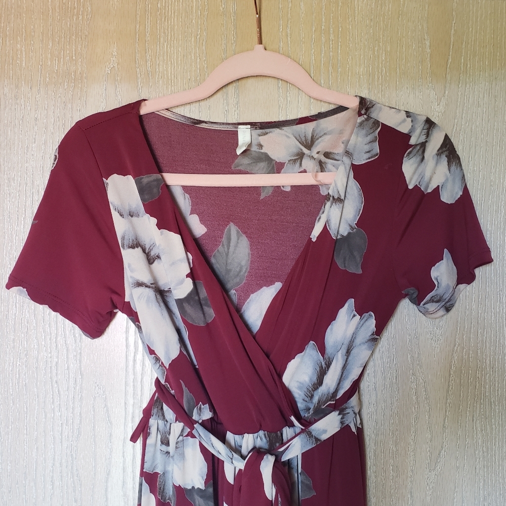 Burgundy Maxi Length Maternity Dress with Waist Tie